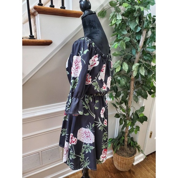 SHEIN Women's Black Floral Polyester Round Neck Off Shoulder Length Dress M - Picture 7 of 10
